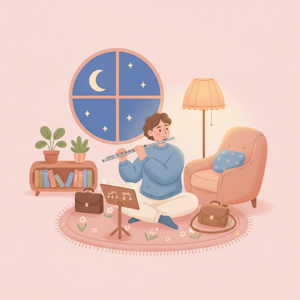下班後在家專注練長笛的成人插畫