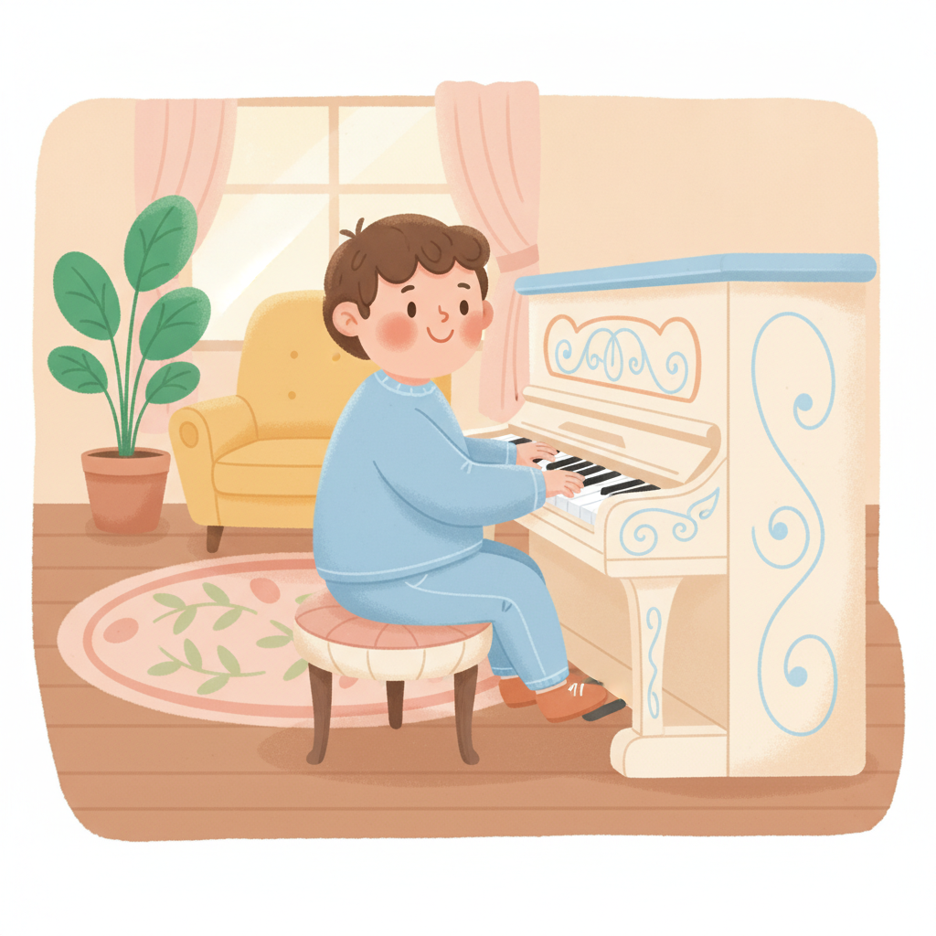 孩子開心地坐在鋼琴前彈奏的插畫