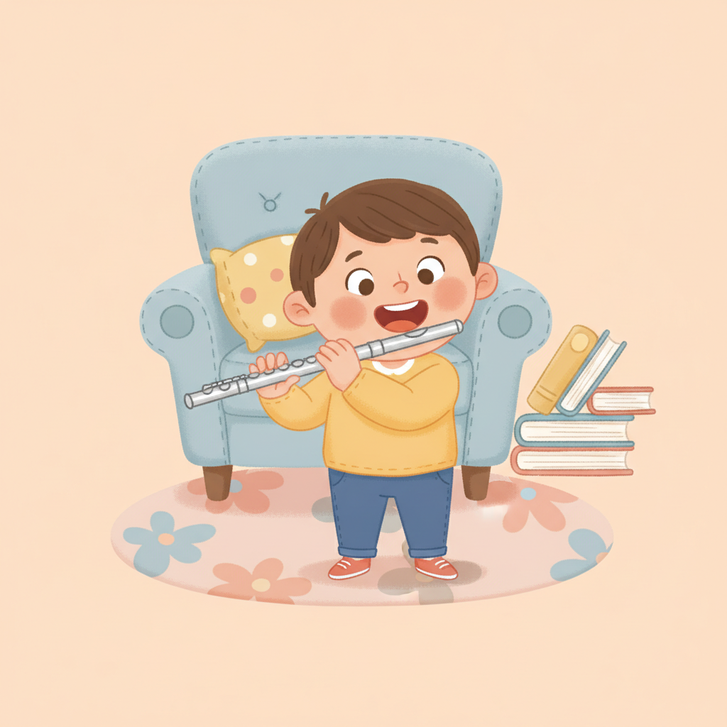 孩子第一次拿起長笛、好奇微笑的插畫